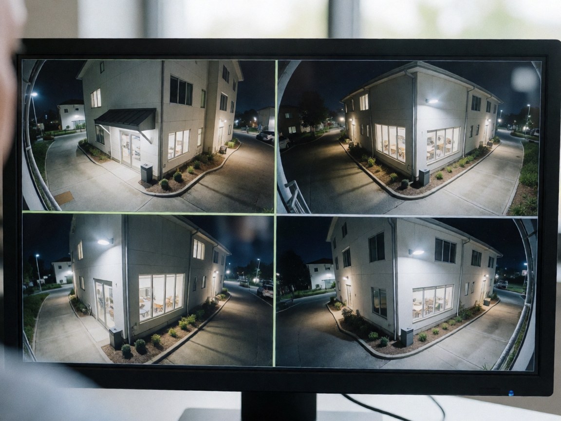 Computer monitor showing four night vision security camera feeds of a building, ideal for private security and surveillance businesses.