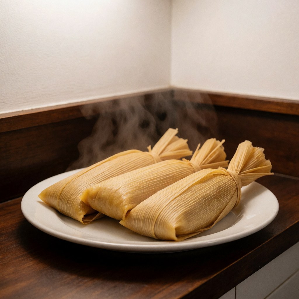 A close-up view of hot tamales steaming on a white plate placed on a wooden counter, showcasing traditional Mexican food ready for sale in a grocery store setting.