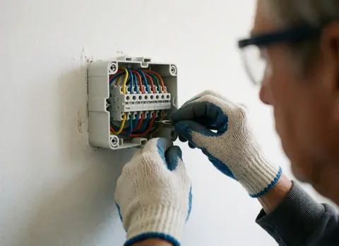 Electrician wearing safety gloves and glasses connecting colorful wires in a white junction box for professional electrical work