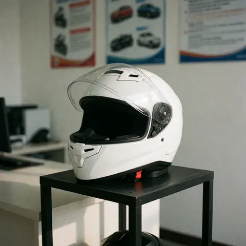 A new white motorcycle helmet placed on a wooden office desk next to a computer and phone, symbolizing driving school safety education