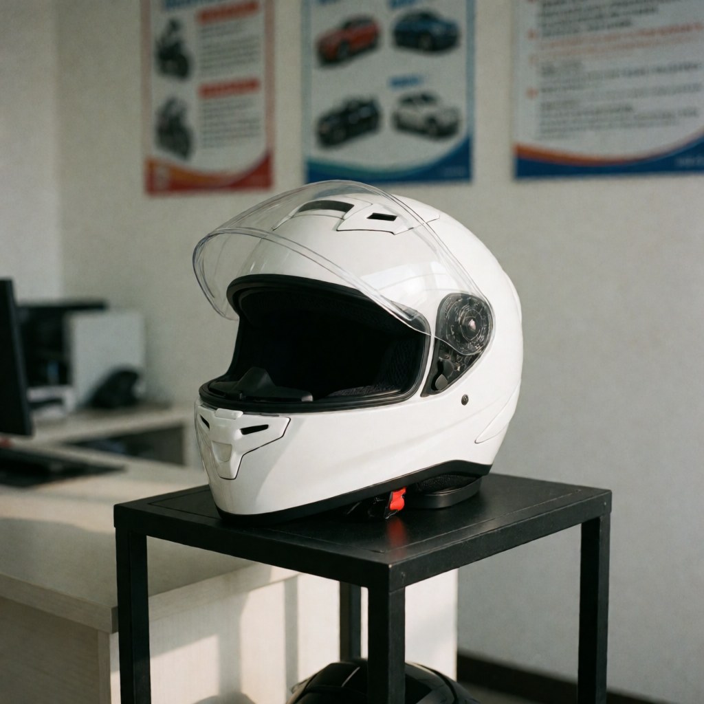 A new white motorcycle helmet placed on a wooden office desk next to a computer and phone, symbolizing driving school safety education