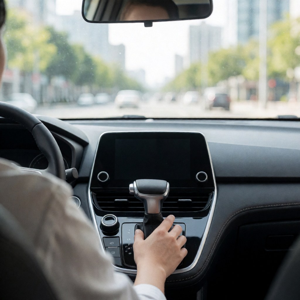 Close-up view of a driver's hand resting on the automatic gear shift lever inside a car, showing the center console and urban street view through the windshield