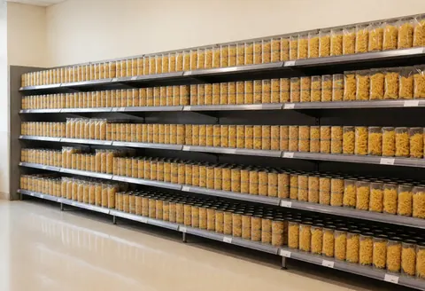An empty aisle in a grocery store pantry featuring clean shelves stocked with pasta and canned goods under bright lighting
