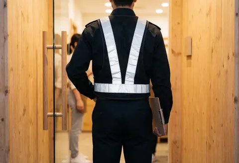 Back view of a security guard wearing a reflective vest at a wooden entrance, holding a notebook in a professional and realistic setting.