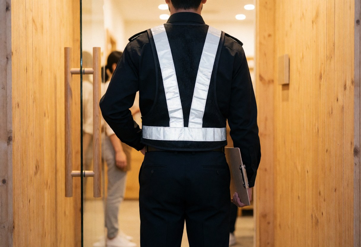 Back view of a security guard wearing a reflective vest at a wooden entrance, holding a notebook in a professional and realistic setting.