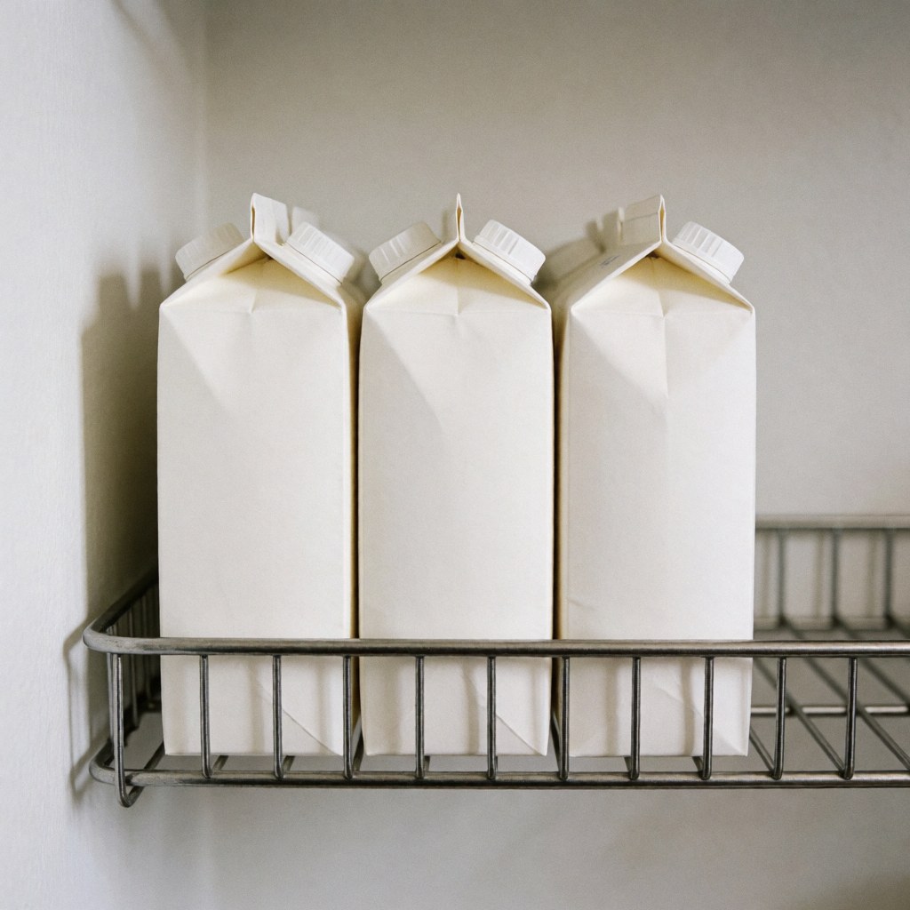 Three plain white milk cartons arranged on a metal shelf against a white wall with soft lighting, suitable for grocery store displays.