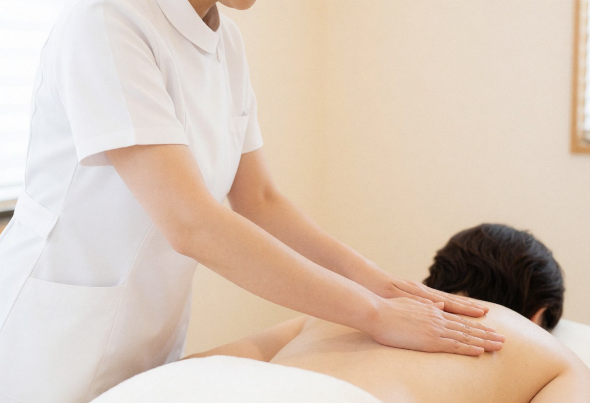 A therapist in white uniform performs a relaxing back massage on a client in a bright spa salon with beige walls