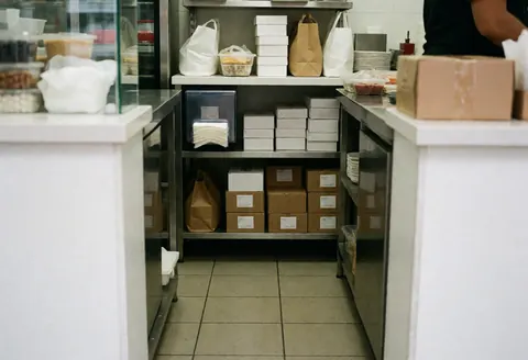 View of the packaging counter with boxes, bags, napkins, shelves, fries, burger, cake, milkshake, clean organized workspace, white gray wood metal ceramic