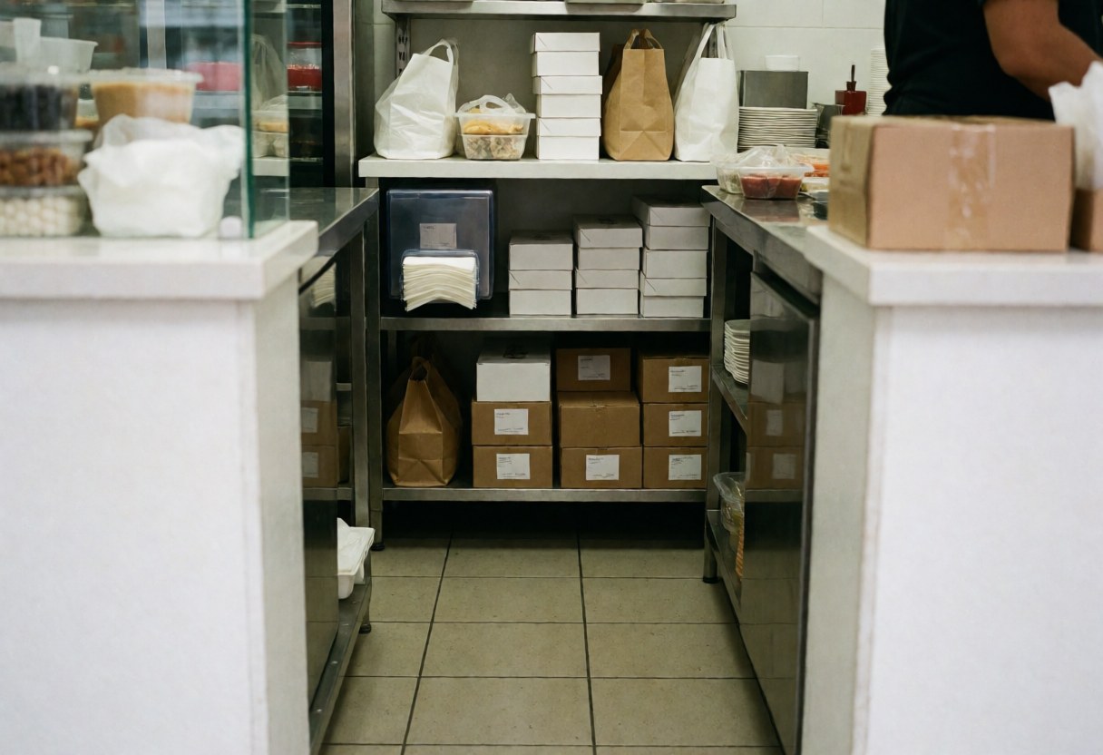 View of the packaging counter with boxes, bags, napkins, shelves, fries, burger, cake, milkshake, clean organized workspace, white gray wood metal ceramic