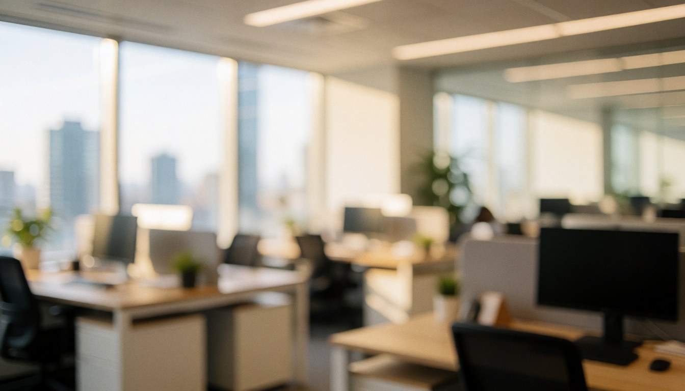 A clean modern office desk with a computer and plant near a window overlooking the city, providing a professional background for text
