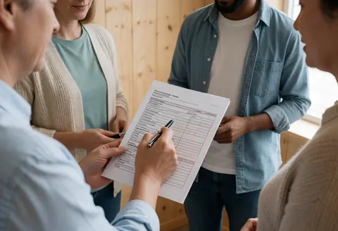 A professional assists a client in filling out an official document, showing hands, pen, and paper in a realistic community service setting.