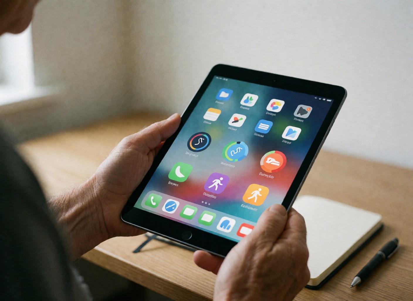 An adult holds a tablet displaying health apps on a wooden desk with a notebook and pen in a bright, professional setting.
