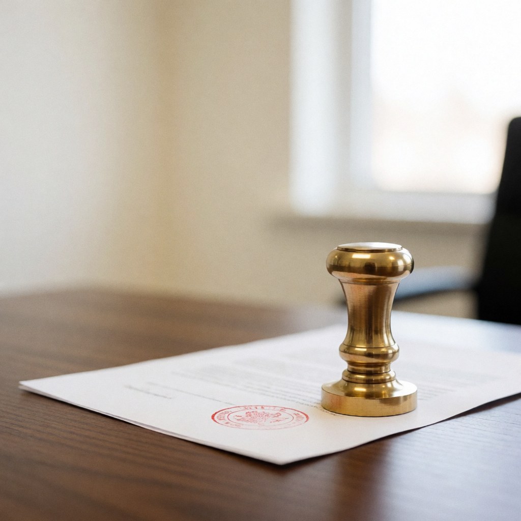 Bronze notary seal resting on a legal document on an office desk with natural light and a blurred background