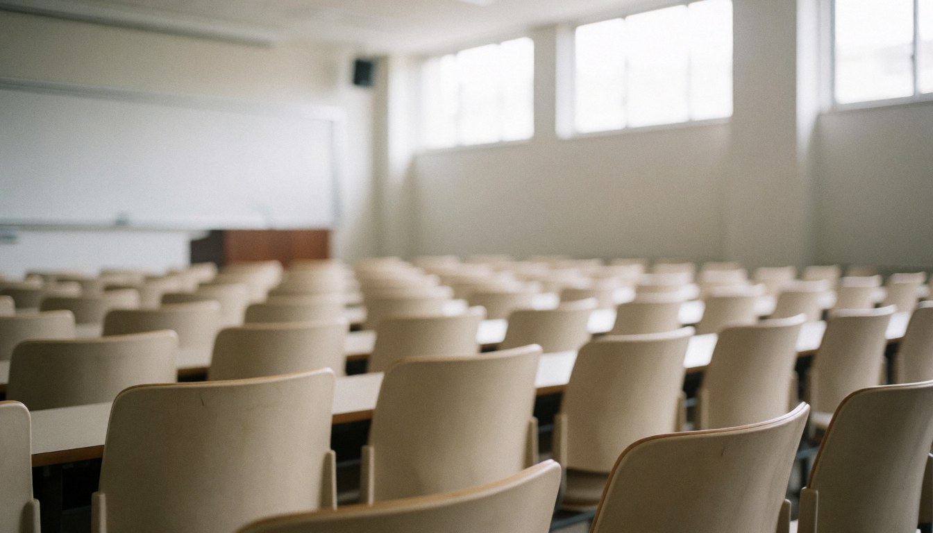 Empty university classroom featuring rows of beige chairs, a whiteboard, and a podium, illuminated by natural light from windows, suitable for text backgrounds.