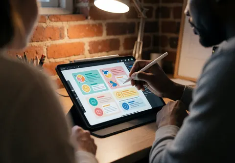 A designer uses a stylus to create educational infographics on a tablet in an office with a brick wall while a viewer observes the work.