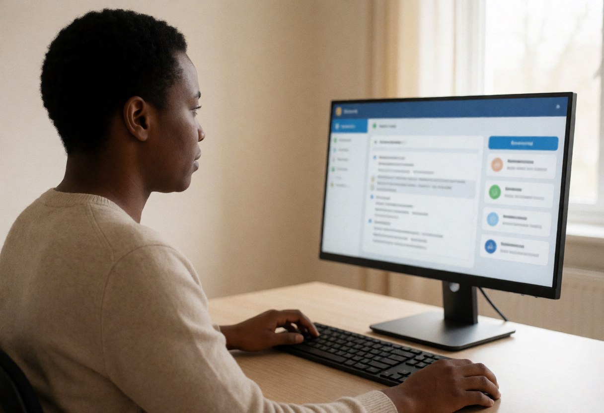 Person working at a desk with a computer displaying driving theory interface in a bright, organized office with beige walls.