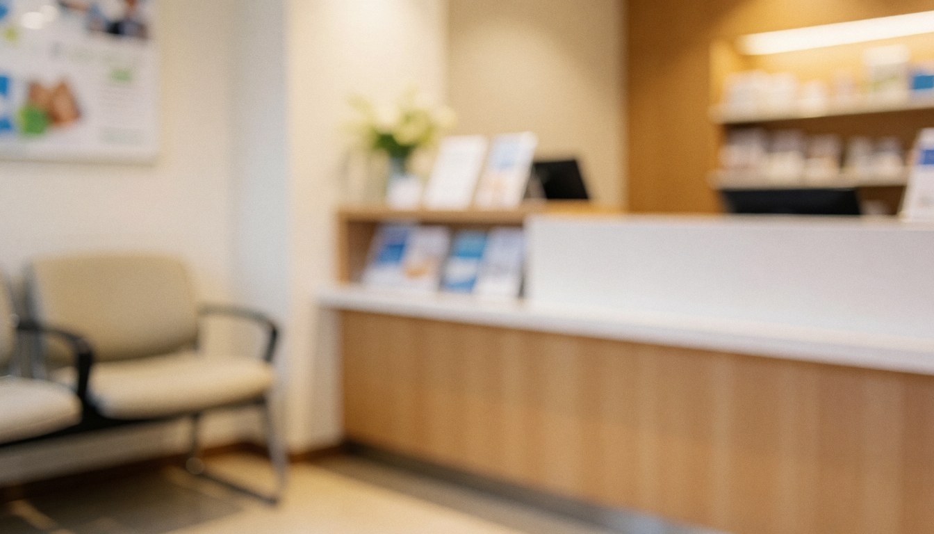 A warm and inviting optical store reception area featuring a waiting chair and a counter with brochures, set against a soft neutral background ideal for commercial text.