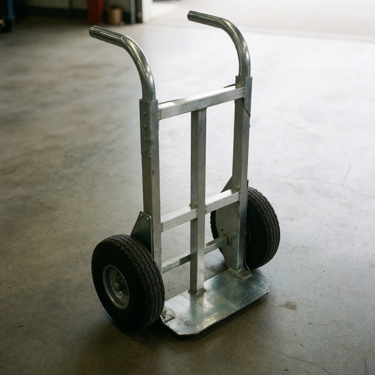 Sturdy industrial metal hand truck with large wheels standing on a concrete floor, ready for moving furniture and heavy cargo
