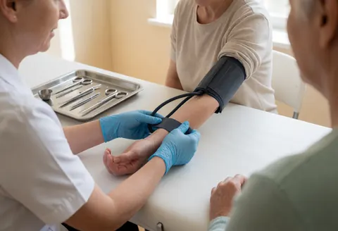 A nurse in blue gloves adjusts a blood pressure cuff on a seated patient's arm, with medical instruments on a tray in the background.