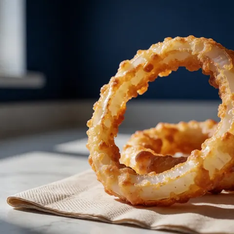A close-up view of a golden fried onion ring resting on a white paper napkin with a blurred blue background