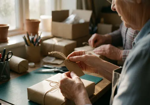 Hands carefully applying custom labels and tying twine around kraft paper packages on a desk near a window for an online store