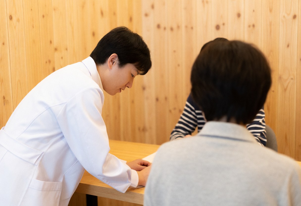 A professional nutritionist sits at a wooden table, engaging in an empathetic consultation with a client to discuss health and wellness goals.
