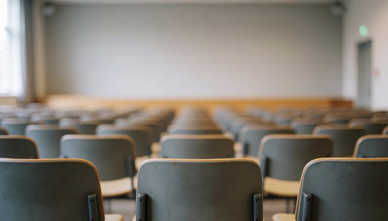 Soft focus image of an empty university classroom with chairs and a whiteboard, featuring neutral gray and beige tones for text overlay
