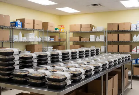 Catering food in black containers on a table with shelves of boxes and products against yellow walls in a clean office setting