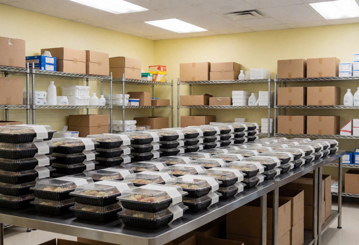 Catering food in black containers on a table with shelves of boxes and products against yellow walls in a clean office setting