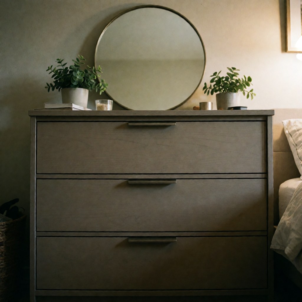 Wooden dresser with three drawers, round mirror, and green plants on top in a warm bedroom setting