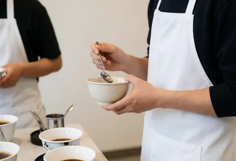 A barista stirring coffee in a white cup with a spoon, surrounded by other cups and utensils in a coffee shop setting.