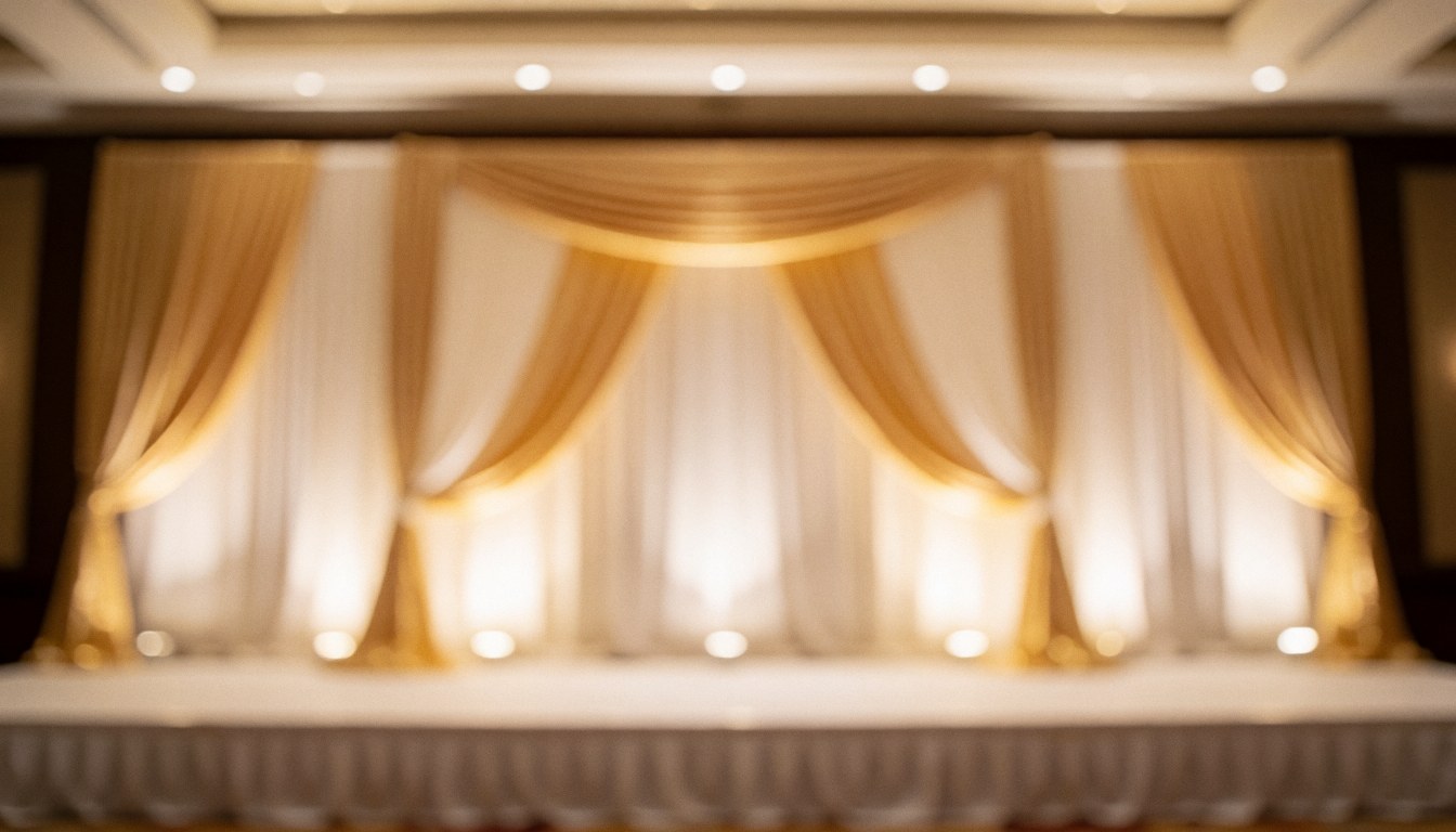 Event stage featuring golden and white curtains with warm lighting, providing a soft background suitable for promotional text and catering presentations.