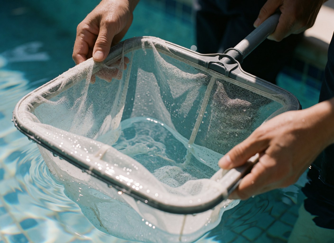Close-up of a detailed pool cleaning net held above clear blue water with visible blue tiles, highlighting professional pool maintenance and clean water.