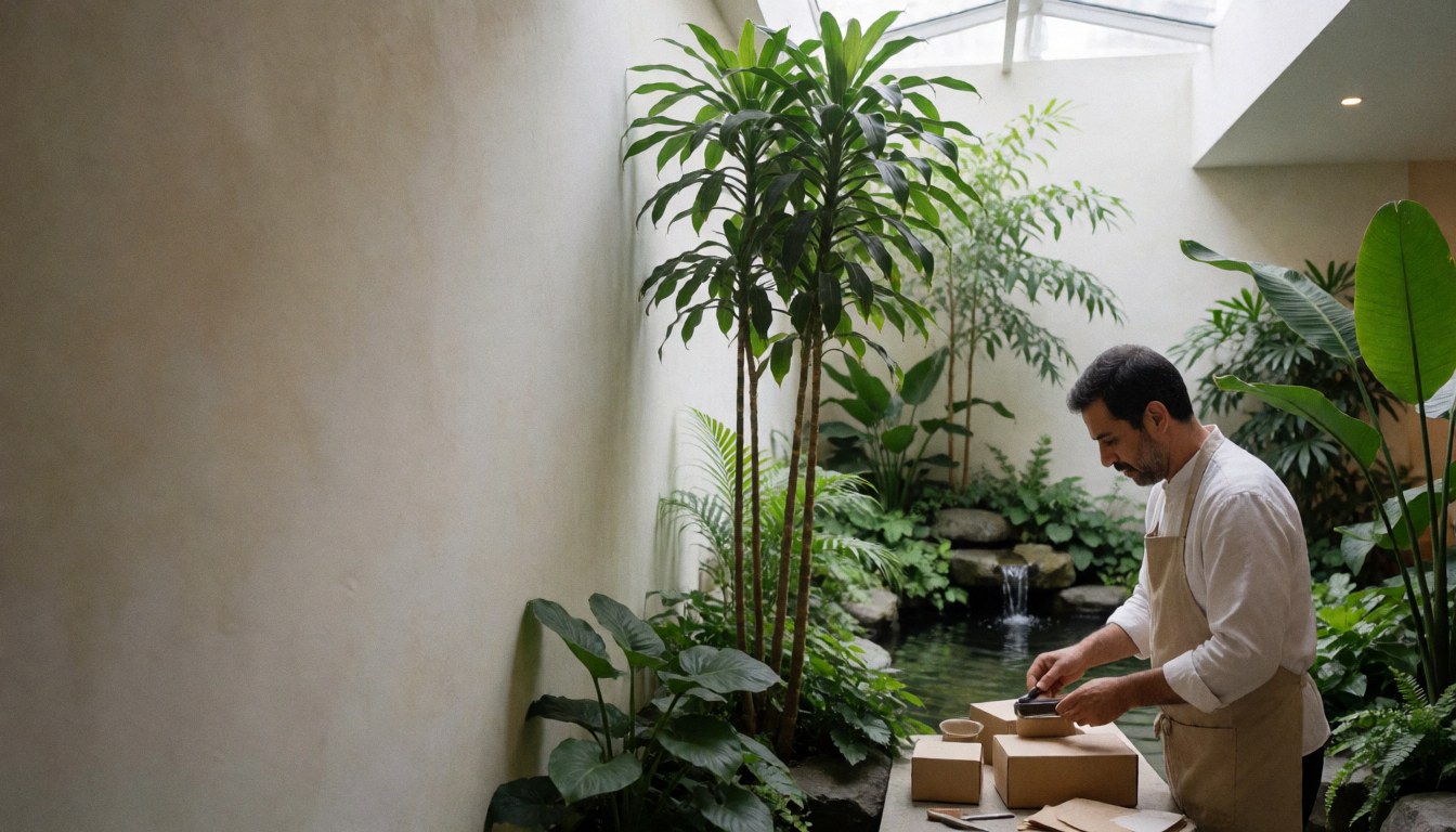 A hotel employee works at a wooden table surrounded by lush green plants and a small water feature in a serene indoor garden setting