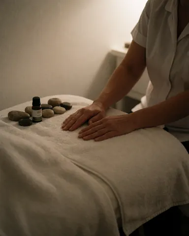 Close-up of therapist hands resting on a white towel on a spa bed, accompanied by smooth stones and an essential oil bottle in a warm, relaxing setting.