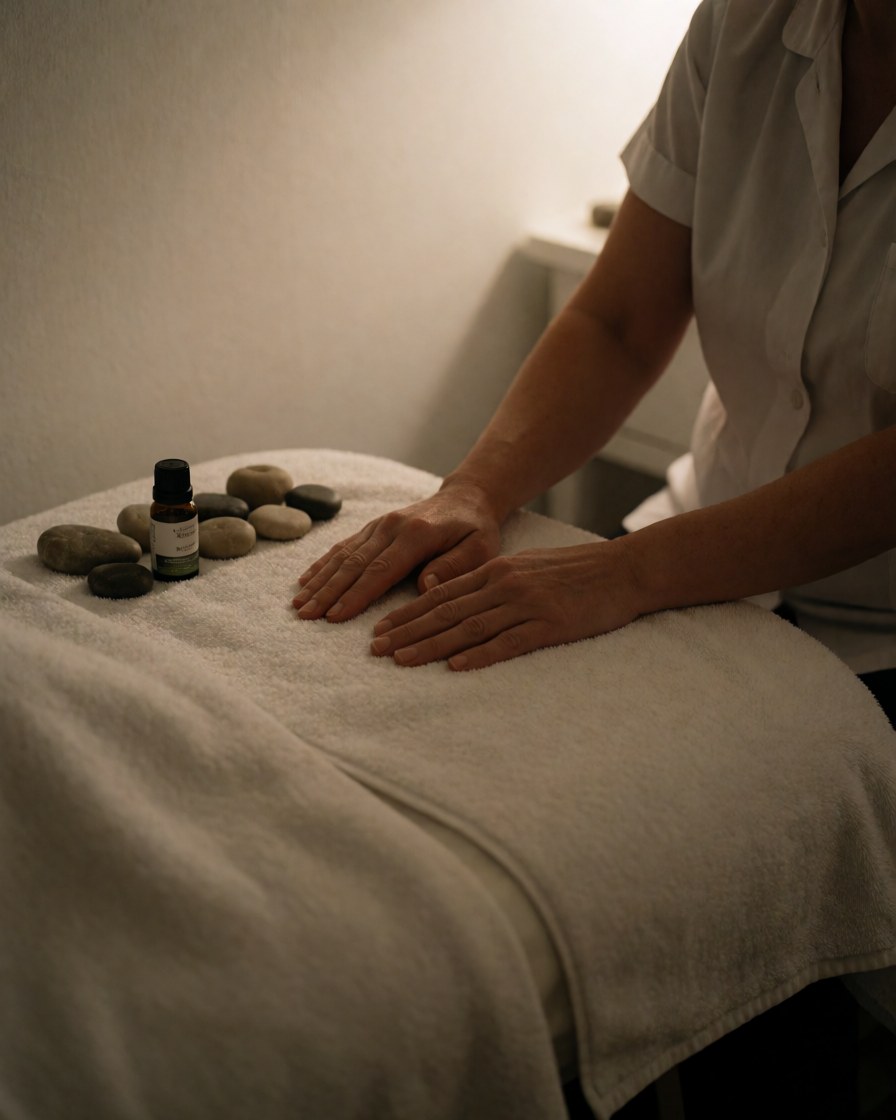 Close-up of therapist hands resting on a white towel on a spa bed, accompanied by smooth stones and an essential oil bottle in a warm, relaxing setting.