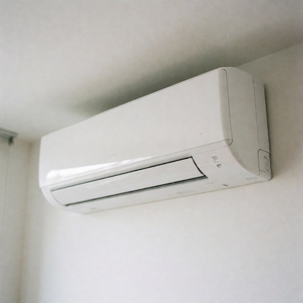 Close-up view of a modern white indoor air conditioning unit mounted on a clean white wall, representing efficient home climate control and residential HVAC technology.