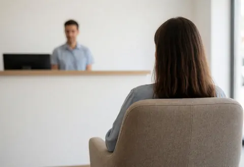 Back view of a customer sitting in a waiting chair at an optical store with a blurred reception area and white walls creating a relaxed atmosphere