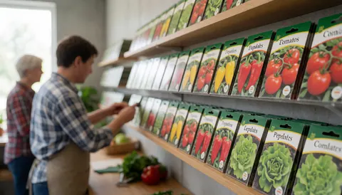 An adult customer choosing tomato, pepper, and lettuce seeds on a store shelf with natural light and a blurred background.