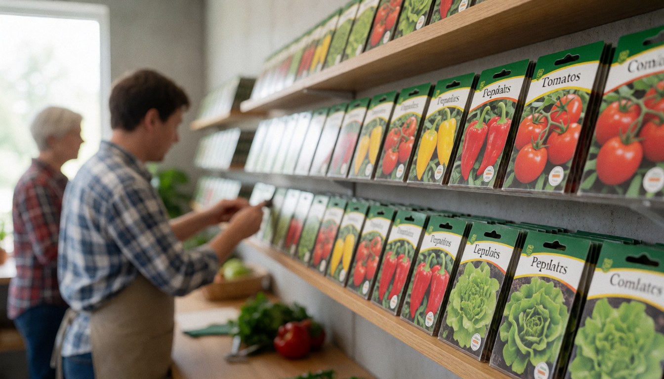 An adult customer choosing tomato, pepper, and lettuce seeds on a store shelf with natural light and a blurred background.