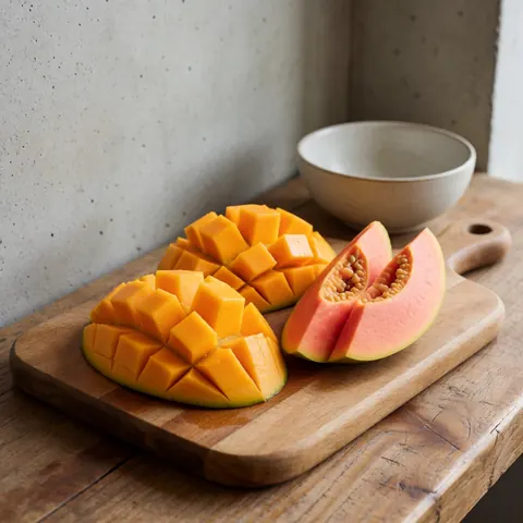 Slices of fresh tropical fruit arranged on a wooden cutting board, perfect for hotel breakfast service and healthy dining options.