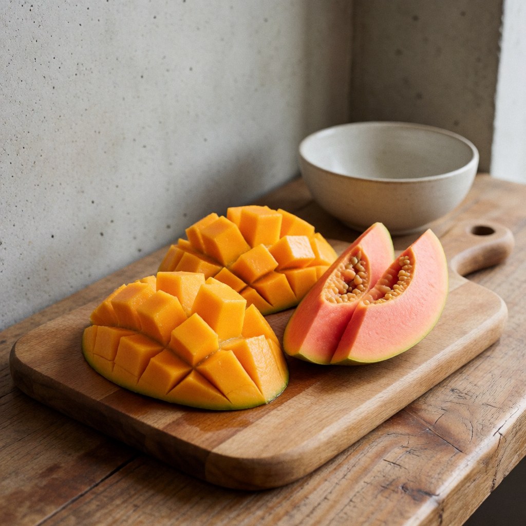 Slices of fresh tropical fruit arranged on a wooden cutting board, perfect for hotel breakfast service and healthy dining options.