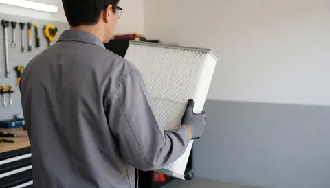 Professional HVAC technician holding a clean air filter in a tidy workshop with tools on the wall, providing space for text overlay