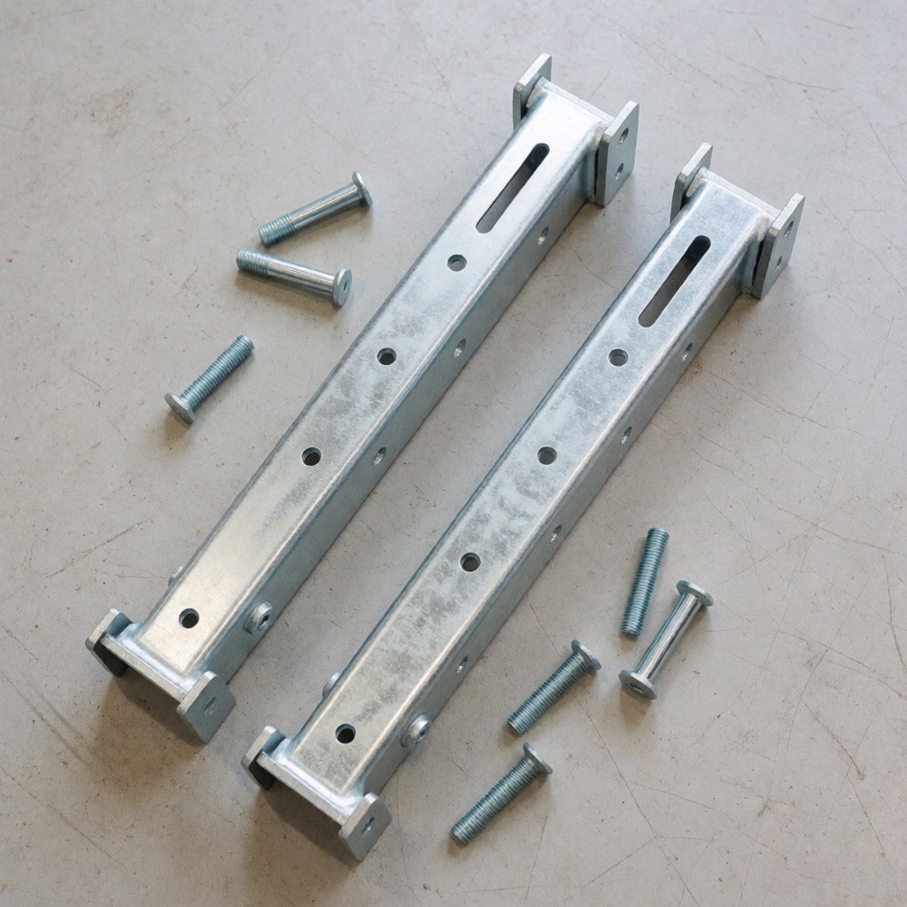 Two galvanized steel air conditioning mounting brackets with loose screws on a concrete floor, diffused lighting for technical catalog use