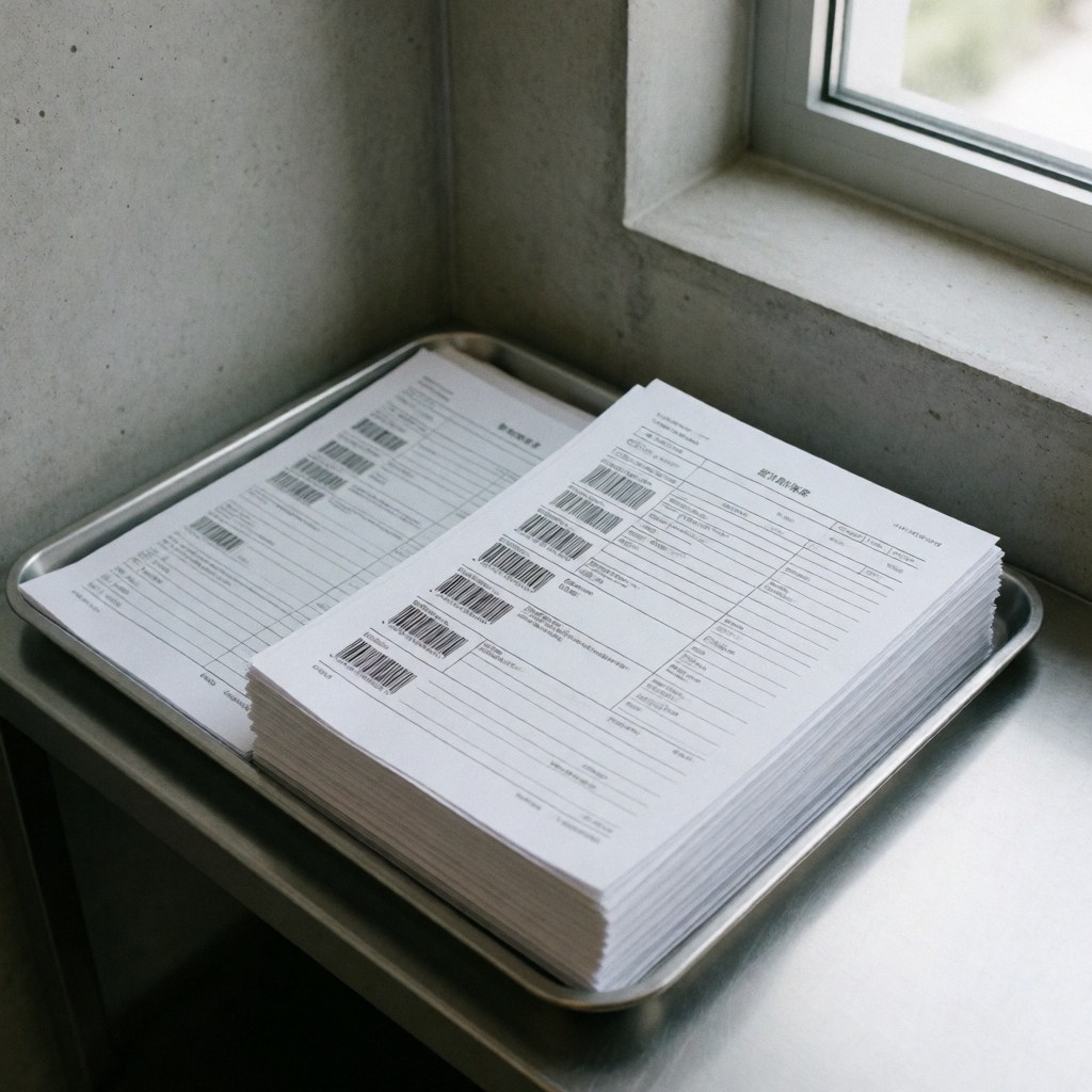 Medical forms with barcodes in a metal tray under natural light in a clean clinical laboratory with concrete walls
