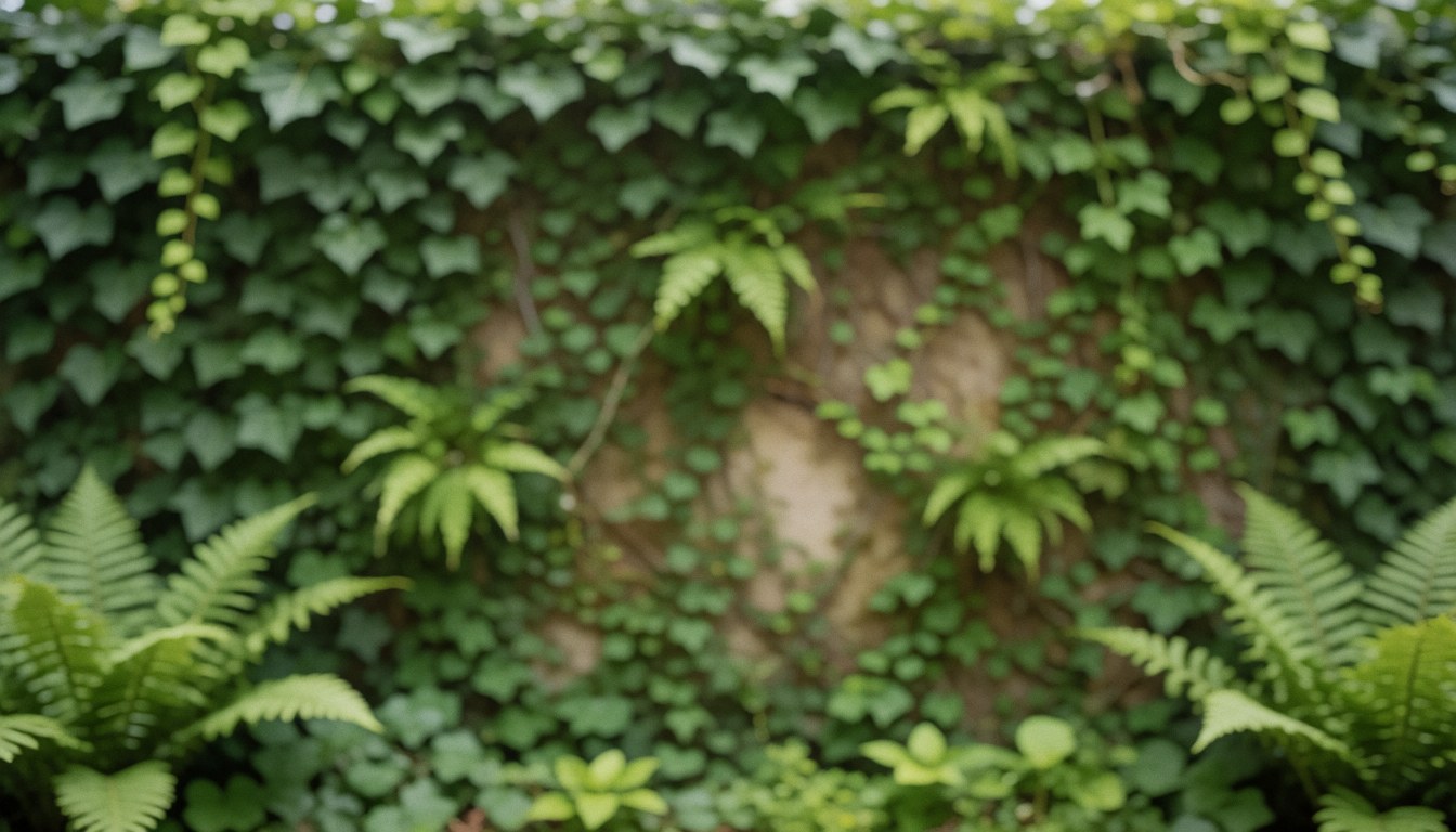 Close-up view of lush green ivy and fern leaves growing on a textured brown wall, providing a natural and serene background suitable for text overlay.