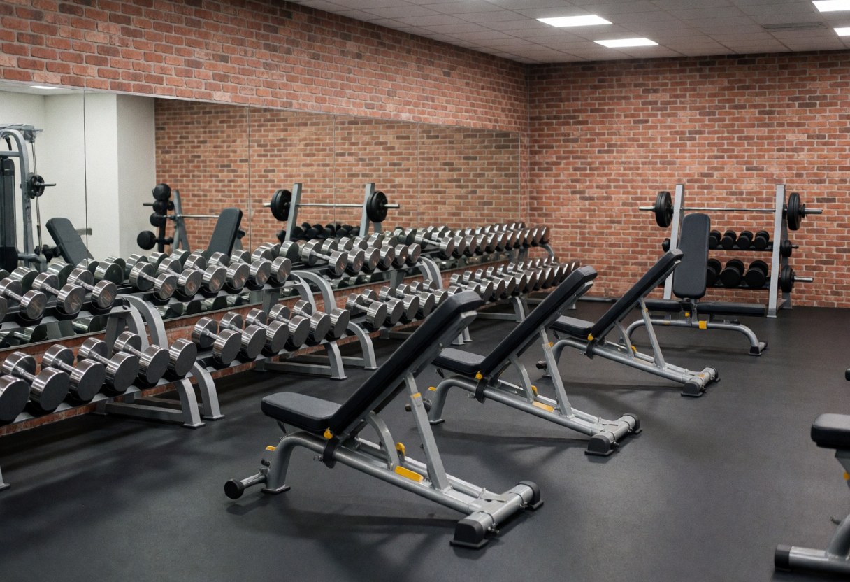 A section of a fitness center featuring free weights and a bench against a textured brick wall background