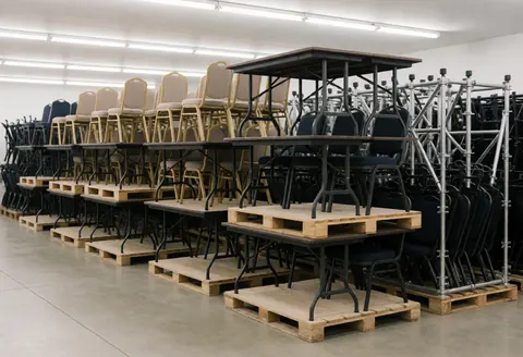 A prepared event space featuring tables chairs pallets and lighting against a white and black industrial background