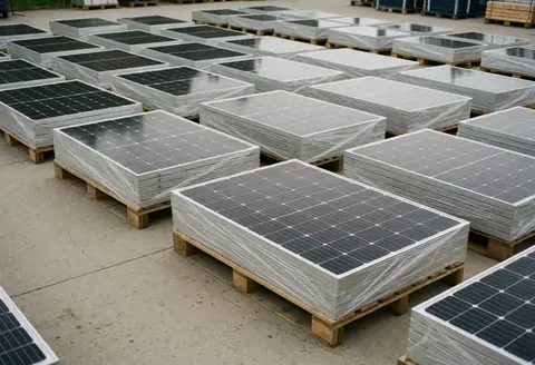 Rows of solar panels stacked on wooden pallets inside a clean concrete warehouse ready for installation