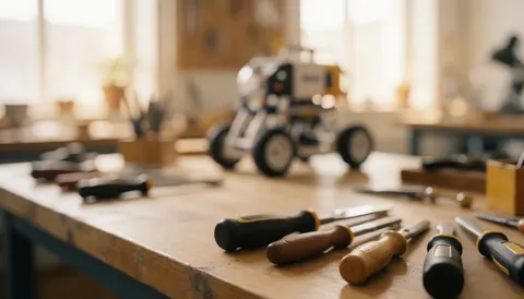 Workshop scene featuring hand tools and a prototype in the background with warm, blurred lighting, suitable for manufacturing and design text backgrounds.
